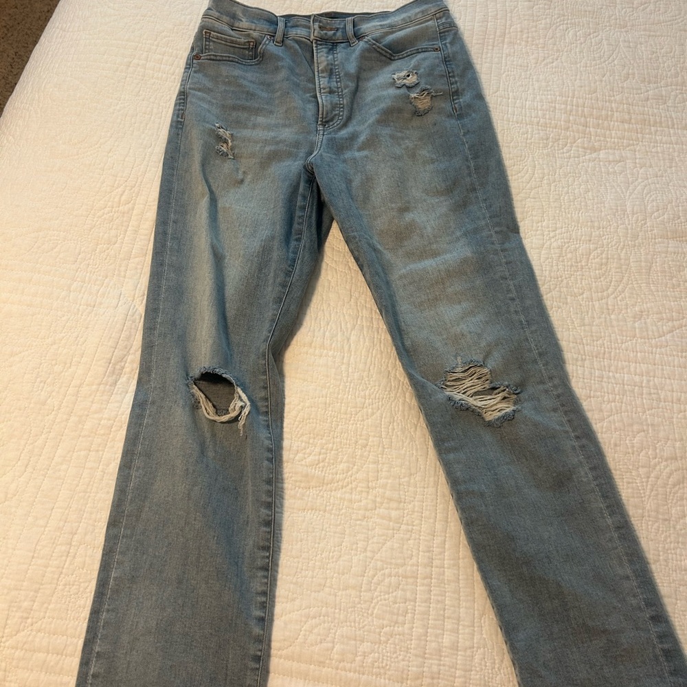 Express Blue Straight Leg Jeans with Distressed Details